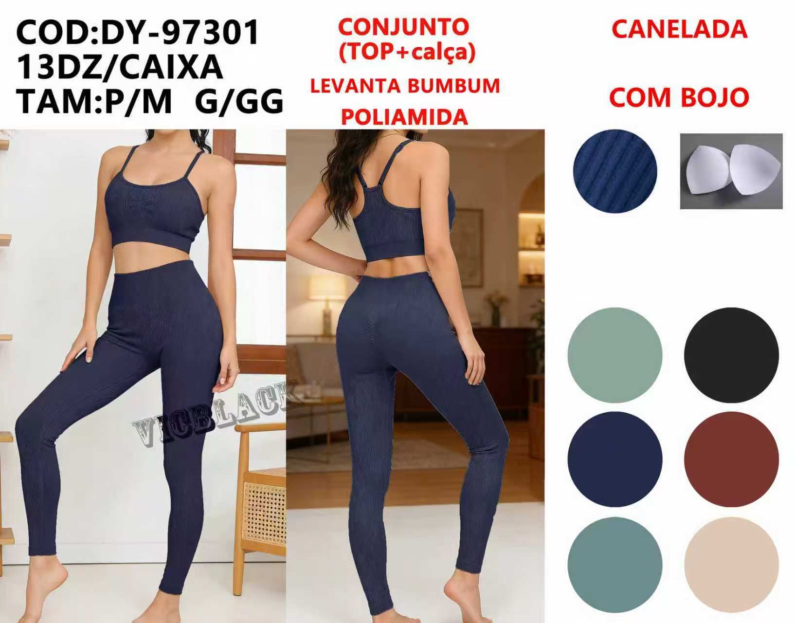 Conjunto Top+Calça Poliamida Canelada Levanta Bumbum Com Bojo Academia P/M G/GG DY-97301 *Pacote: 60 R$